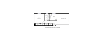 A floor plan of a house with a bedroom, kitchen, living/dining area, and two closets.