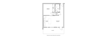 A floor plan of a room with a bedroom, living room, kitchen, and bathroom.