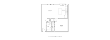 A floor plan of a small apartment with a living area, kitchen, bedroom, and bathroom.