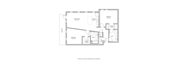 A black and white floor plan of a house with a living room, two bedrooms, a kitchen, two bathrooms, and a balcony.