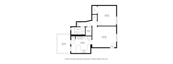 A black and white image of a floor plan for a home with a bedroom, bath, kitchen, living area, and panTRy.