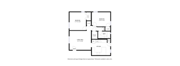 A floor plan of a house with two bedrooms, a living area, a kitchen, a bathroom, and an entry point.