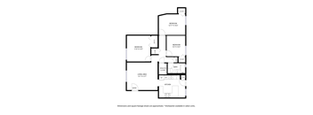A floor plan of a house with two bedrooms, a living area, a kitchen, a bath, and a walk-in closet.