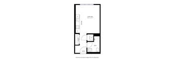 A floor plan of a small apartment with a living area, kitchen, bath, and entry.