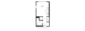 A floor plan of a small apartment with a living area, kitchen, bathroom, and entry.