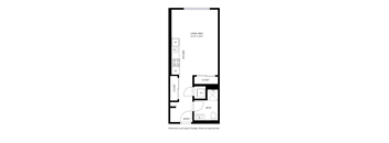 A floor plan of a small apartment with a kitchen, bathroom, and living area.