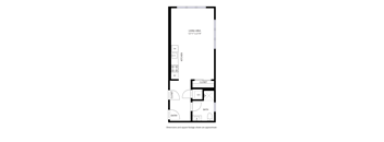A floor plan of a house with a living area, kitchen, bathroom, and closet.