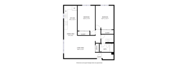 A floor plan of a house with a kitchen, two bedrooms, a bathroom, a dining area, and a living area.