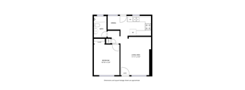 A black and white image of a floor plan for a small apartment.