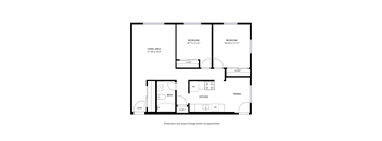 A black and white image of a floor plan for a house with two bedrooms, a living area, a kitchen, a dining area, a bathroom, an entry, a closet, and a dumbwaiter.