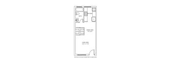 A floor plan of a small apartment with a living area, dining area, kitchen, and bathroom.