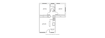 A floor plan of a small apartment with two bedrooms, a living area, a kitchen, and a dining area.