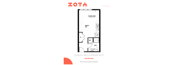 A floor plan for a studio apartment with a kitchen, bathroom, and living area.