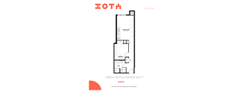 A floor plan for a 1 bedroom, 1 bathroom apartment sized 555-607 square feet.