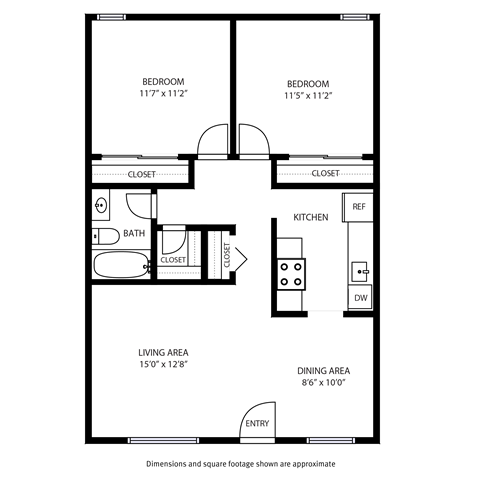 A black and white image of a floor plan for a small apartment.