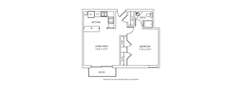 A floor plan of a small apartment with a kitchen, living area, bedroom, and bathroom.