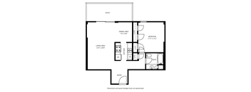 A floor plan of a house with a patio, dining area, living area, kitchen, bathroom, and bedroom.