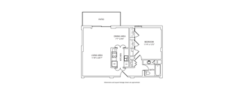 A floor plan of a house with a living area, dining area, kitchen, bedroom, bathroom and patio.