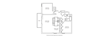 A floor plan of a home with a living area, kitchen, two bedrooms, a bath, and a patio.