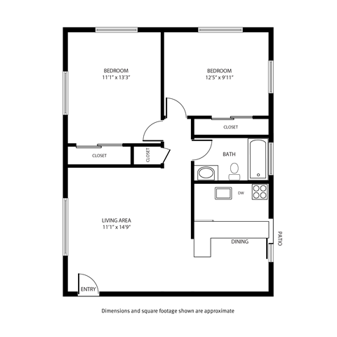 A black and white image of a floor plan for a small apartment.