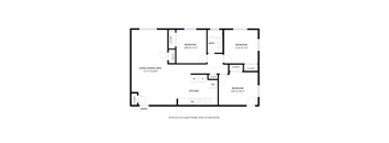 A floor plan of a house with a living/dining area, kitchen, and three bedrooms.