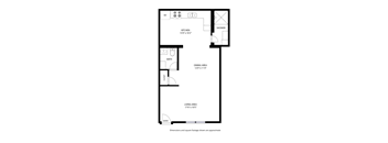 A floor plan of a small apartment with a kitchen, bathroom, dining area, and living area.