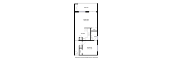 A floor plan of a small apartment with a living area, kitchen, bathroom and bedroom.