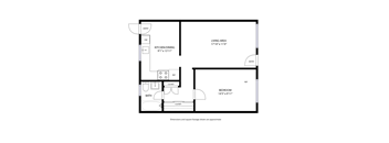 A floor plan of a small apartment with a living area, kitchen, bedroom, and bathroom.