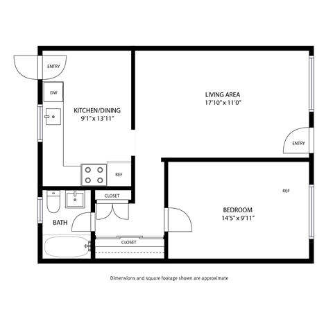 A floor plan of a small apartment with a living area, kitchen, bedroom, and bathroom.
