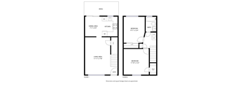 A floor plan of a two-story house with a patio, two bedrooms, a living area, a dining area, a kitchen, and a bathroom.