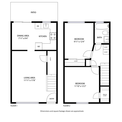 A floor plan of a two-story house with a patio, two bedrooms, a living area, a dining area, a kitchen, and a bathroom.