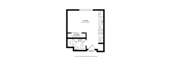 A black and white drawing of a house layout with a living room, closet, bathroom, and entry.