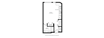 A floor plan of a small apartment with a living area, kitchen, bathroom, and two closets.