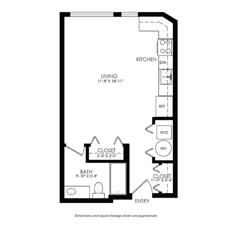 A floor plan of a small apartment with a living area, kitchen, bathroom, and two closets.