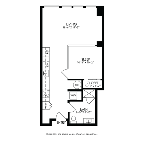 A black and white image of a floor plan for a living space.