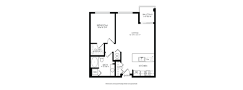 A black and white image of a floor plan for a small apartment.