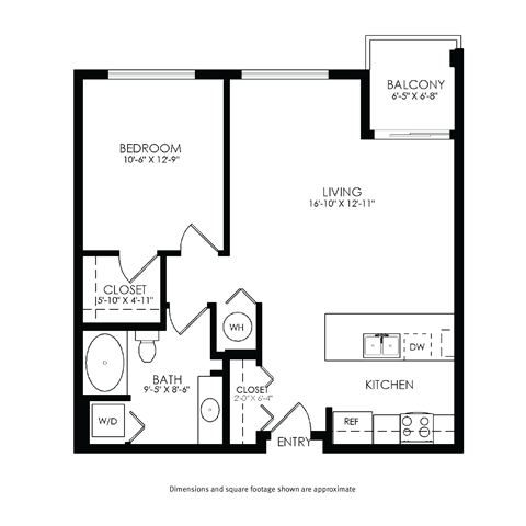 A black and white image of a floor plan for a small apartment.
