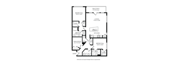 A black and white image of a floor plan for a home with a balcony, two bedrooms, a living room, a kitchen, a bathroom, a den/office, and an entry.