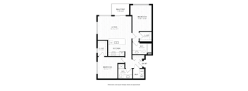 A black and white image of a floor plan for a home with a balcony, living room, kitchen, and two bedrooms.