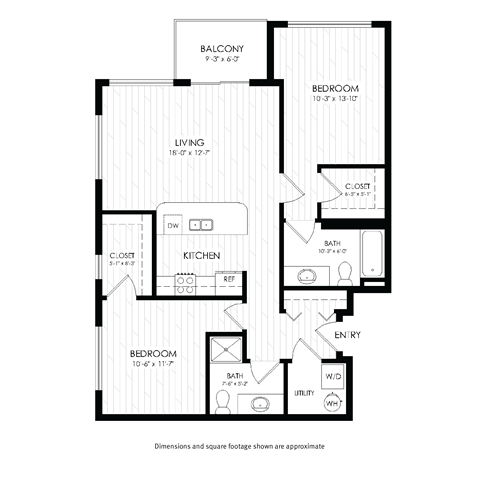 A black and white image of a floor plan for a home with a balcony, living room, kitchen, and two bedrooms.