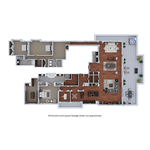 A floor plan of a building with multiple rooms and a note indicating the dimensions and square footage are approximate.