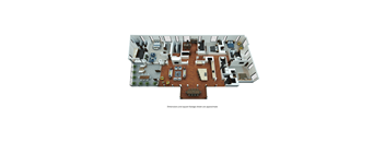 A top-down view of a house layout with a kitchen, living room, and dining area.