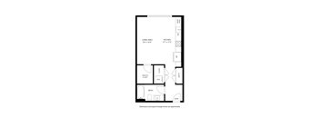 A floor plan of a small apartment with a living area, kitchen, bath, and closets at Railside at Wadsworth Station, Colorado, 80214