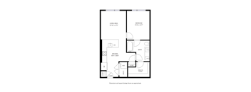 A black and white floor plan of a house with a living area, kitchen, bath, and bedroom at Railside at Wadsworth Station, Colorado, 80214