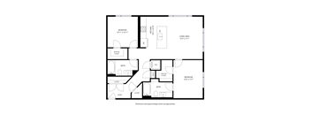 A black and white floor plan of a house with two bedrooms, two bathrooms, a living area, and a kitchen at Railside at Wadsworth Station, Colorado, 80214