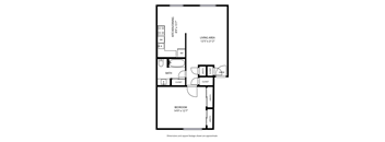 A floor plan of a small apartment with a living area, bedroom, bathroom, and kitchen.