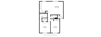 A floor plan of a two bedroom apartment with a living/dining area.
