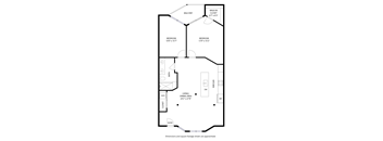 A floor plan of a house with two bedrooms, a living area, a kitchen, a bathroom, a walk-in closet, and a balcony.