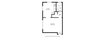 A floor plan of a small apartment with a kitchen, bathroom, and living area.