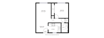 A black and white floor plan of a small apartment with a living area, dining area, kitchen, and two bedrooms.